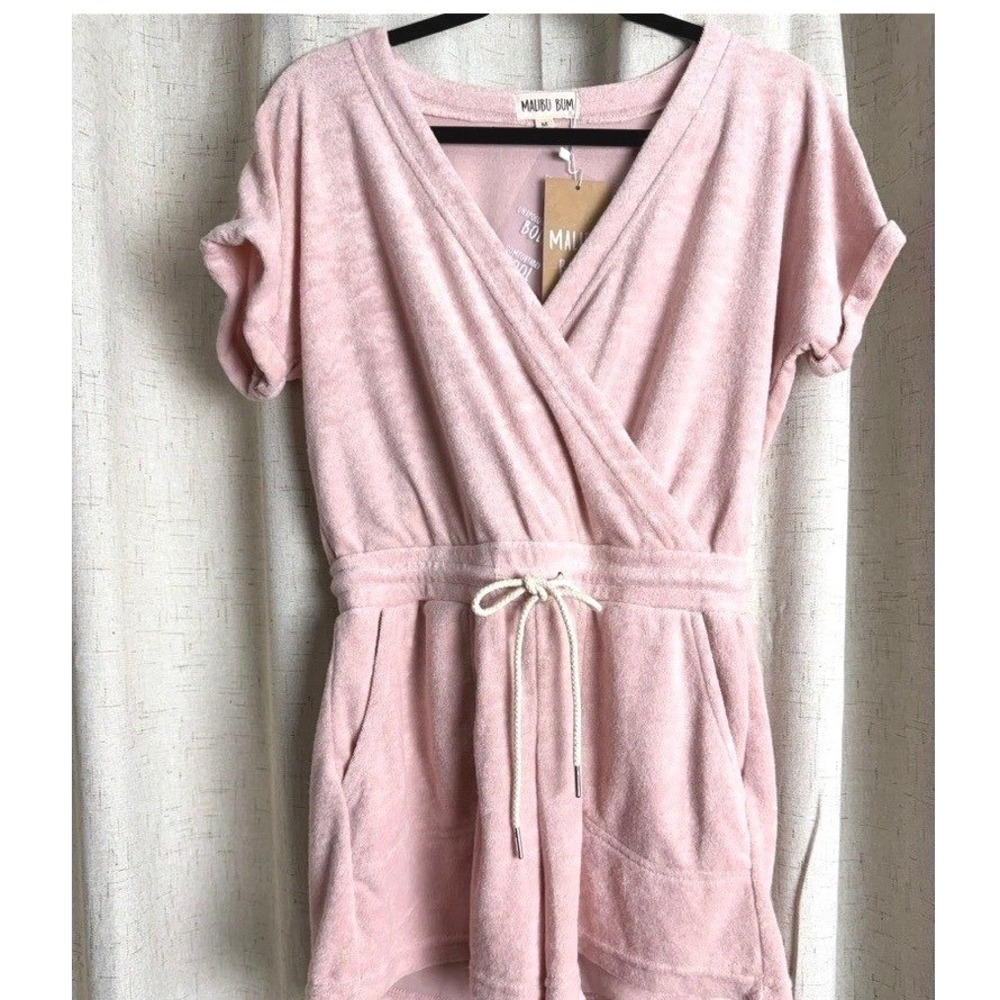 Malibu Bum Pink Terry Cloth Romper Surplice Wrap Drawstring